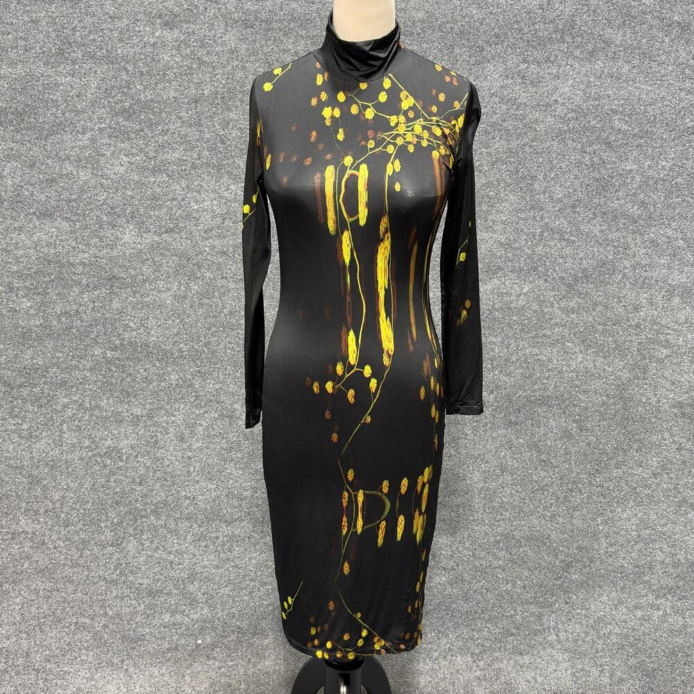 Prabal Gurung Dress Womens S Black Floral Turtleneck Bodycon Midi Jersey